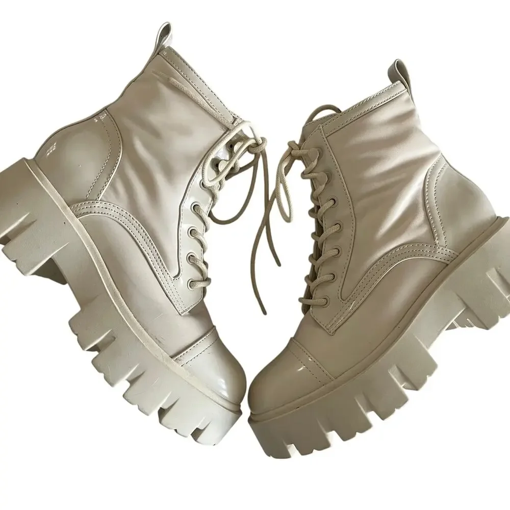 Nine West Obri 2 Women's 6M Lug Sole Cream White Combat Lace Up Boot